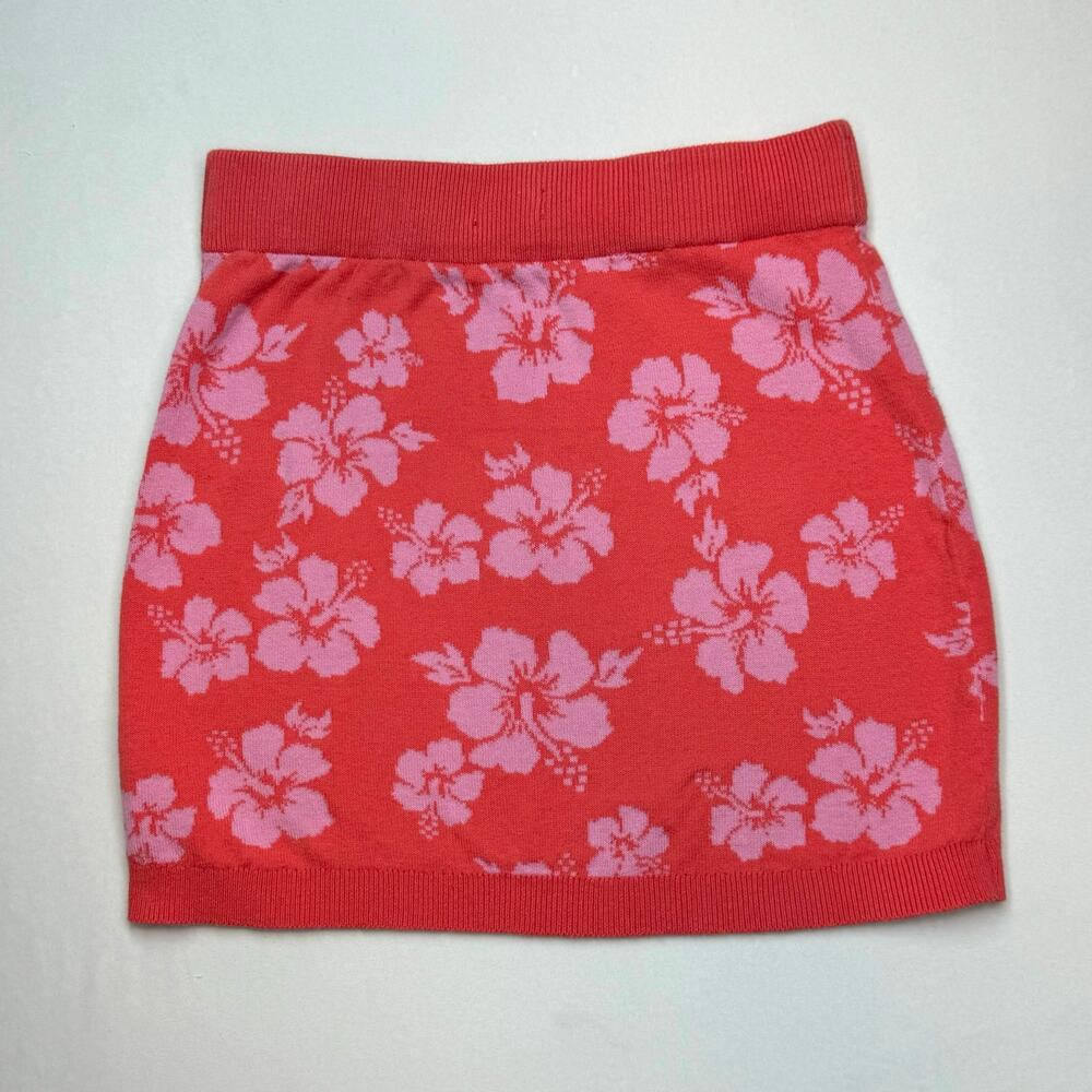 Art Class Hibiscus Knit Mini Skirt L 10/12 Red Pink Floral Y2K Coconut Girl Boho - Picture 2 of 10
